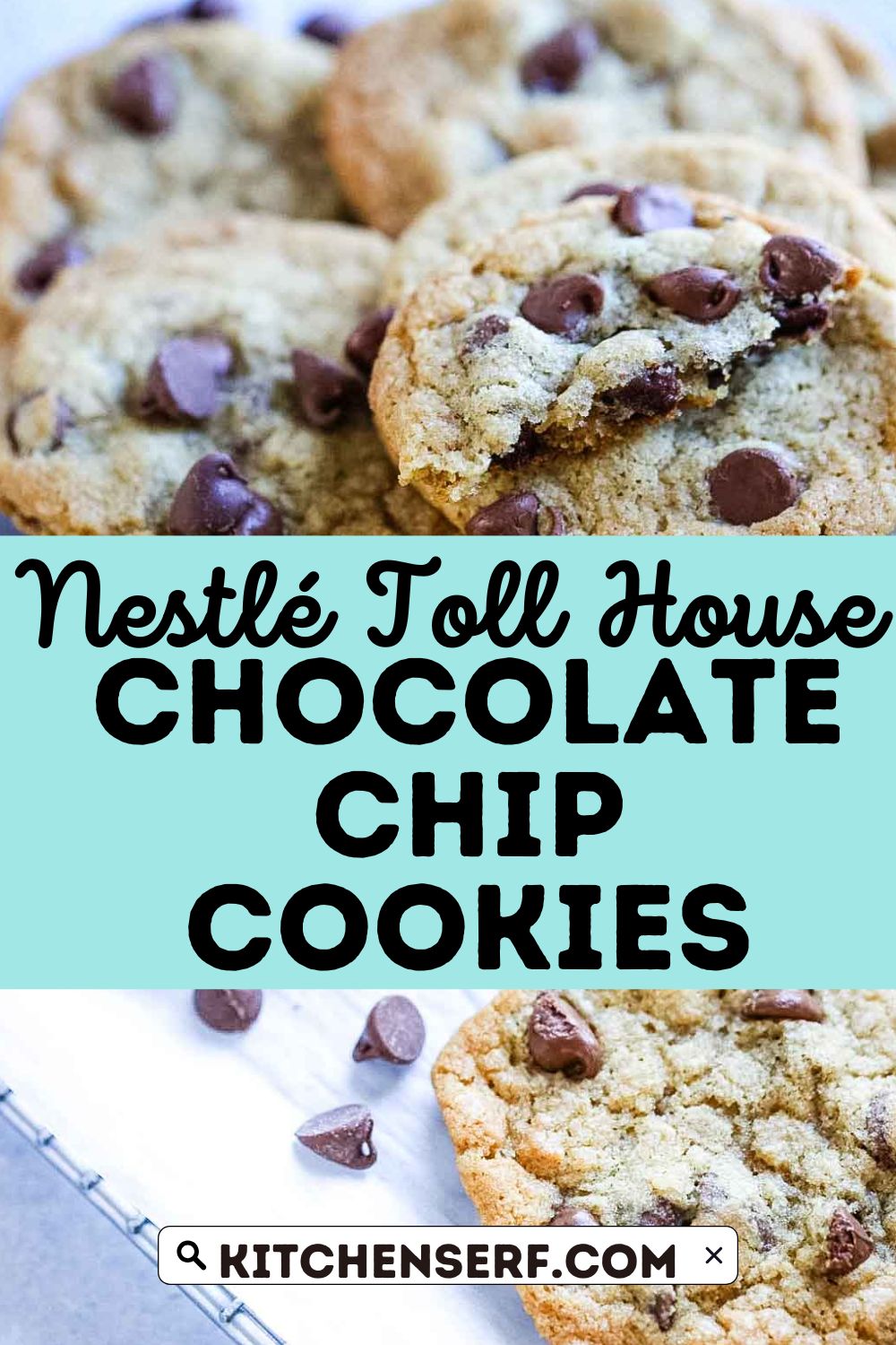 Stack of classic Nestlé Toll House chocolate chip cookies on a plate, golden brown with melty chocolate chips.
