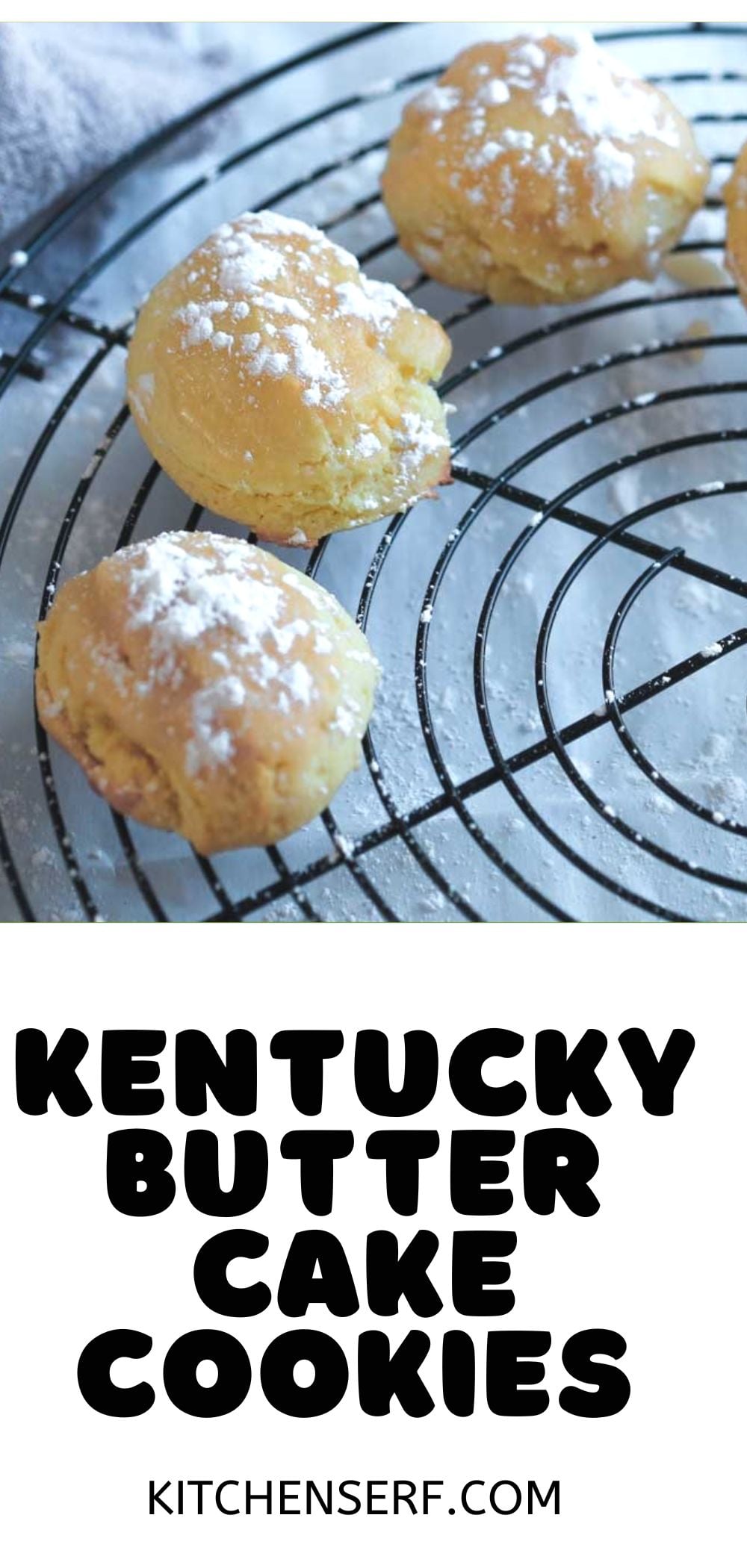 Four Kentucky Butter Cake Cookies dusted with powdered sugar cool on a wire rack, each one labeled for a classic touch.