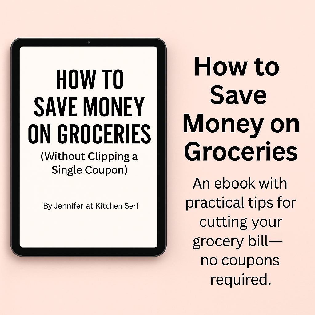 Ebook titled How to Save Money on Groceries displayed on a tablet, providing tips without using coupons, and answering common questions like Can You Return Food to Grocery Store?.