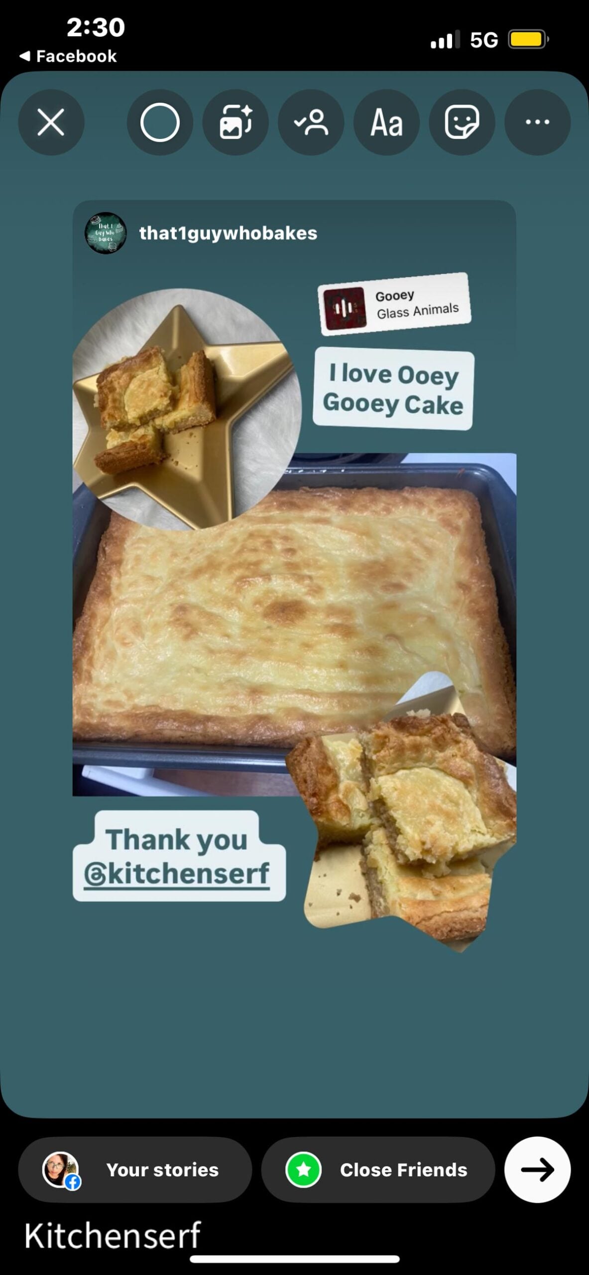A tray of ooey gooey butter cake from scratch, with star plates holding sliced pieces, shared in a social media post.