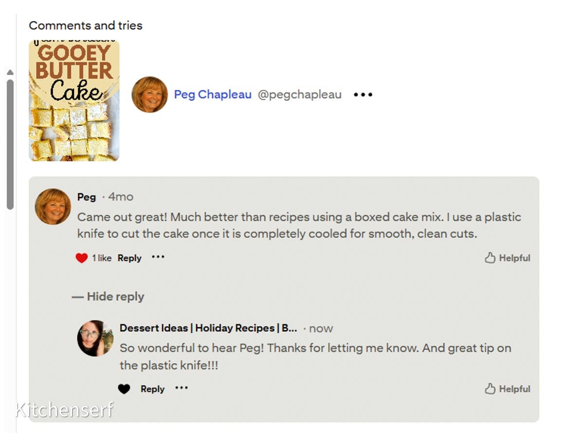 Screenshot of a gooey butter cake from scratch recipe page with user comments about  the success of the recipe and a tip to use a plastic knife for smooth, clean cake cuts.