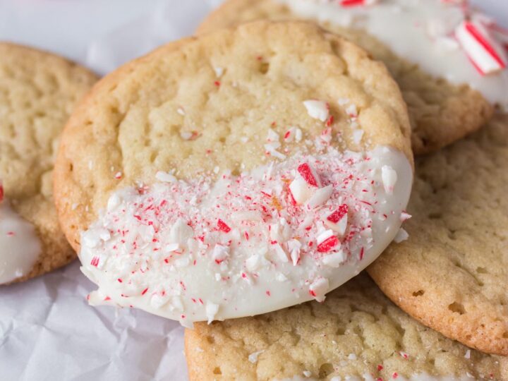 Image for Easy, 3-Ingredient White Chocolate Dipped Peppermint Candy Cane Cookies