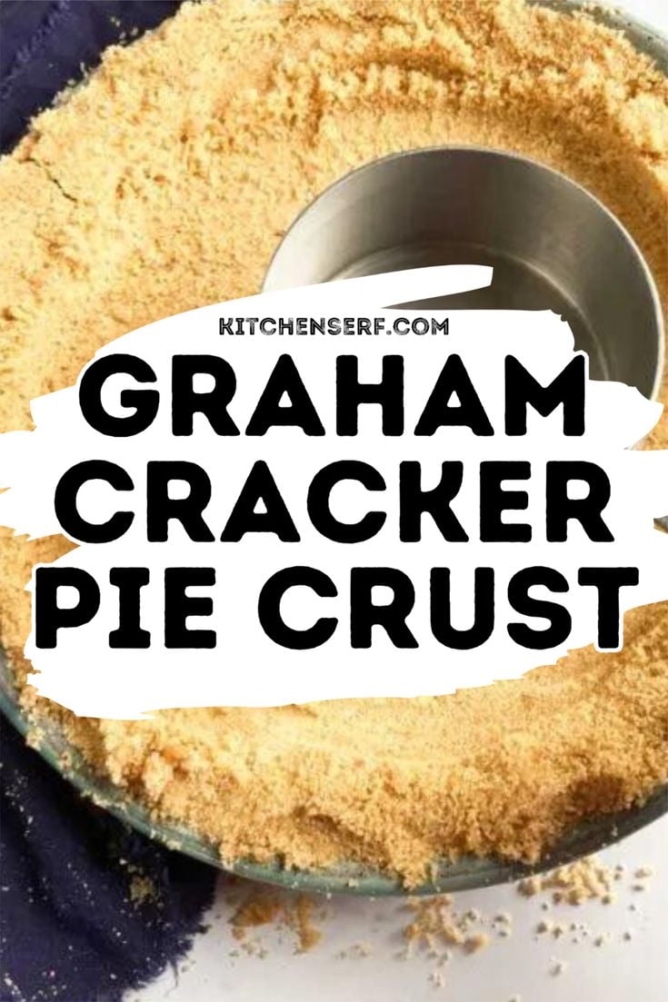 Golden brown graham cracker pie crust in a glass pie dish being shaped with a measuring cup, showing the textured crumb mixture perfectly pressed into the pan