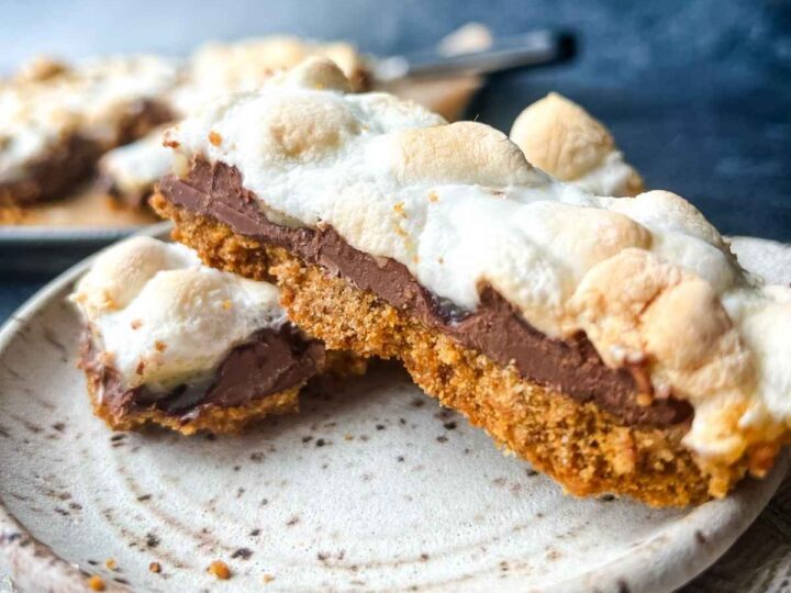 Close-up of delicious s’mores bars featuring toasted marshmallows, melted chocolate, and a crisp graham cracker crust on a plate.