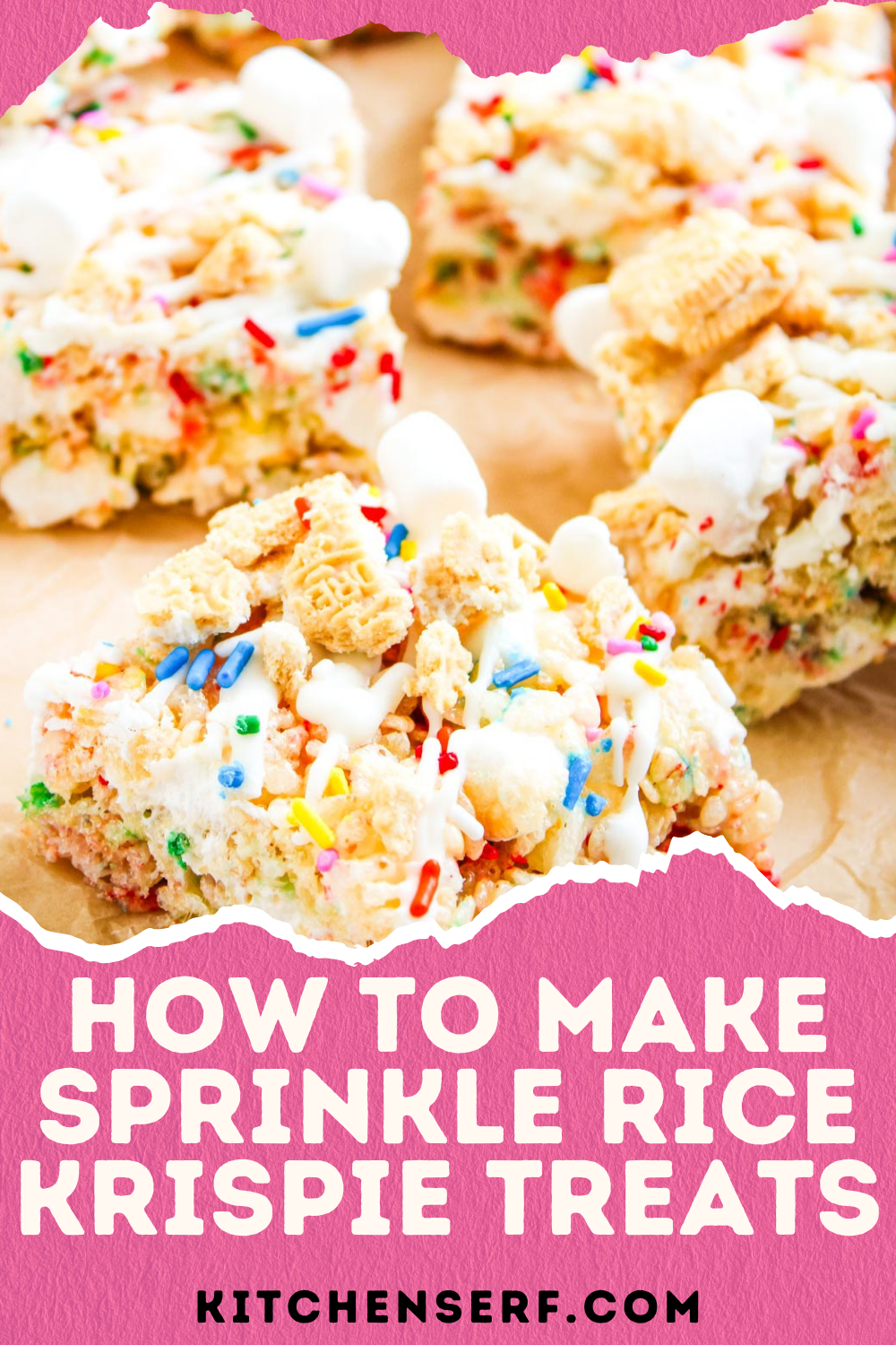 Colorful sprinkle Rice Krispie treats with marshmallows and cereal pieces rest on parchment paper, ready to enjoy.