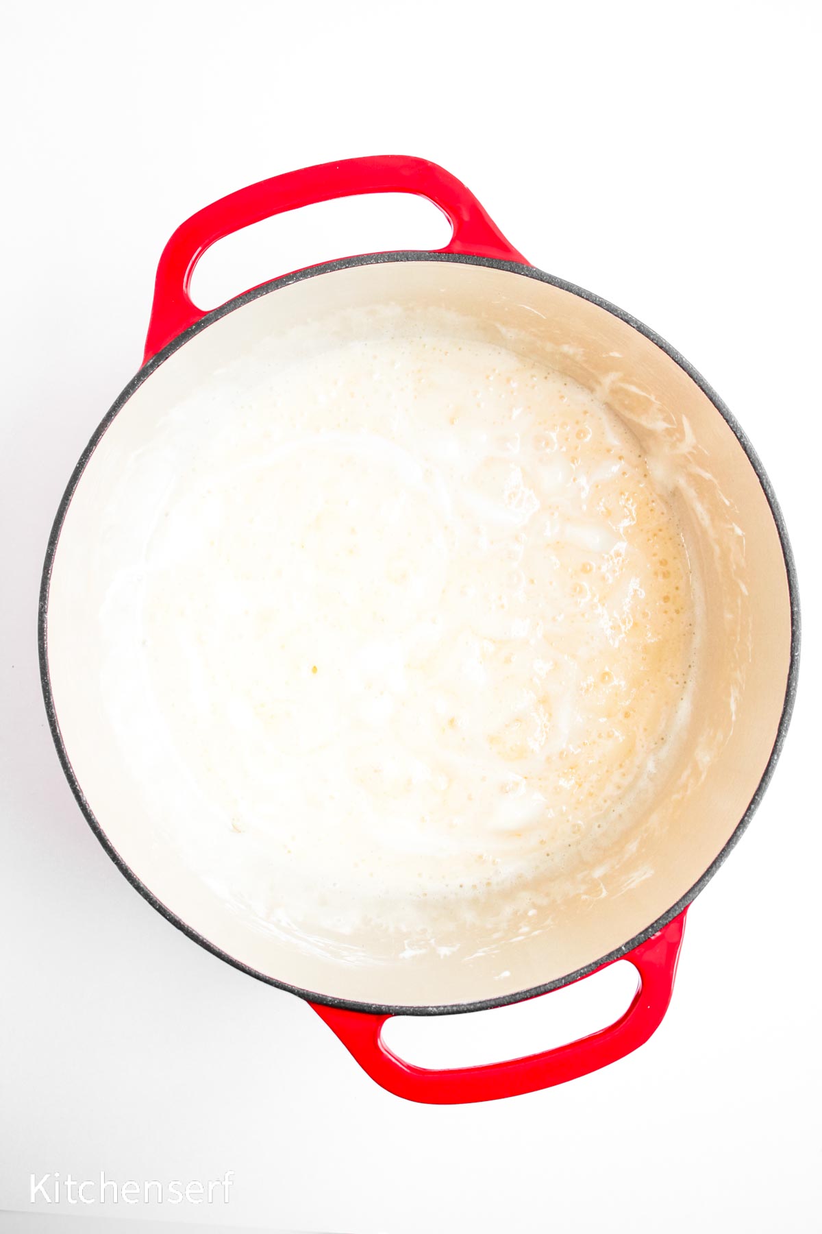 Red Dutch oven filled with creamy white sauce, viewed from above on a white background.