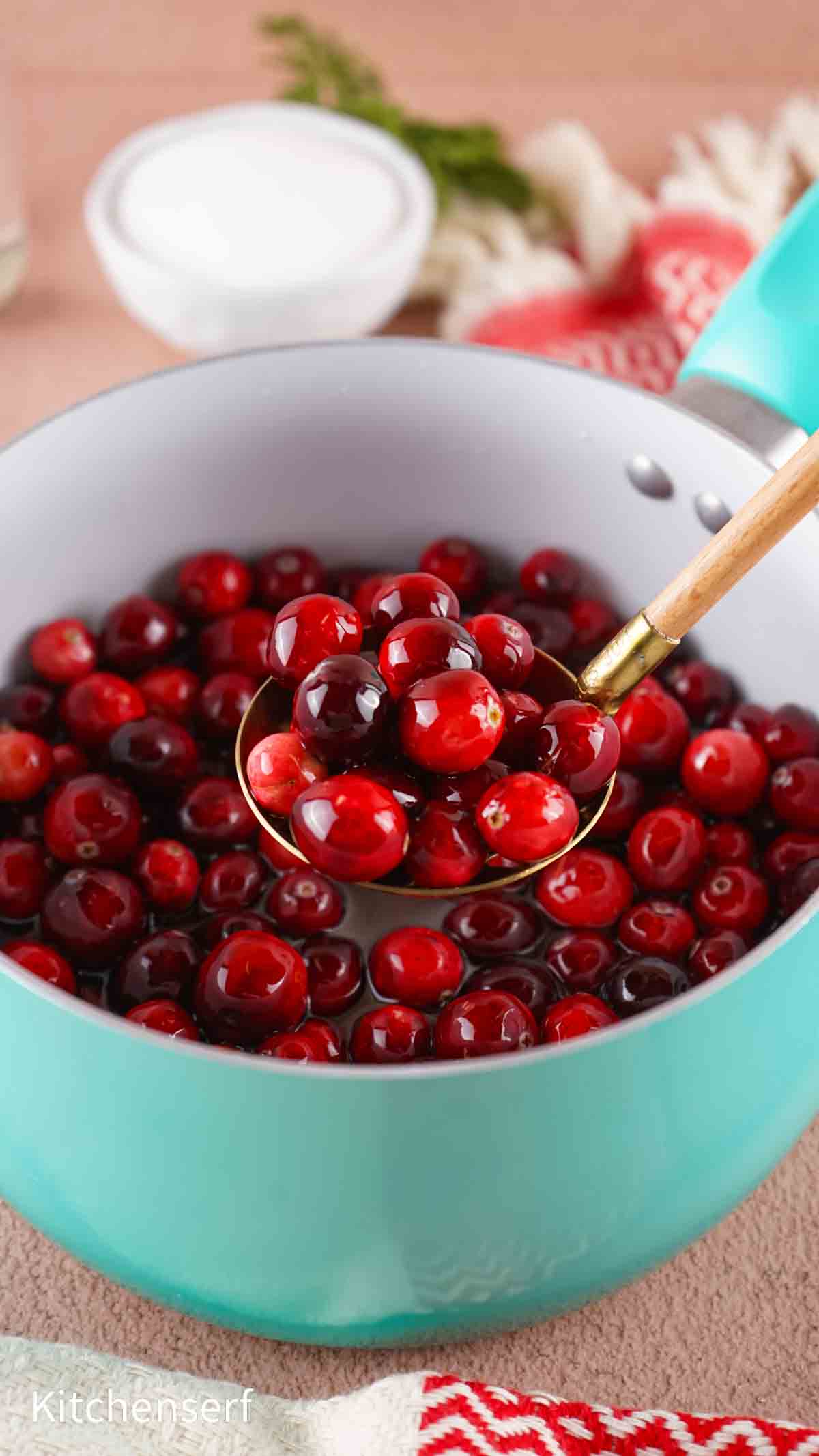 A teal pot filled with fresh cranberries in water; a ladle scoops up some cranberries.