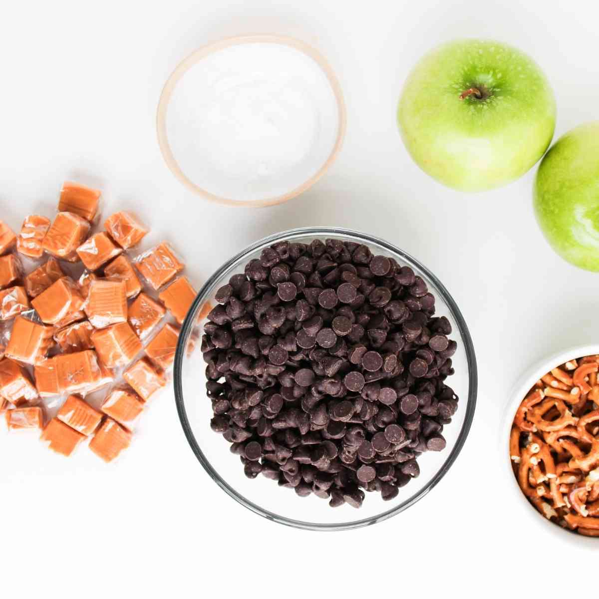Caramels, chocolate chips, pretzels, green apples, and a bowl of white salt on white background.