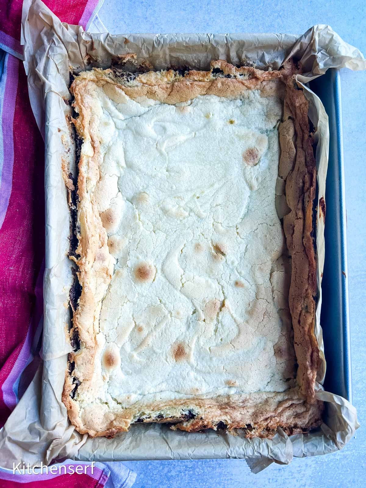 baked chocolate peppermint gooey butter cake.