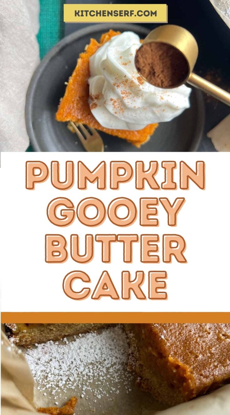slice of pumpkin gooey butter cake on a small black plate.