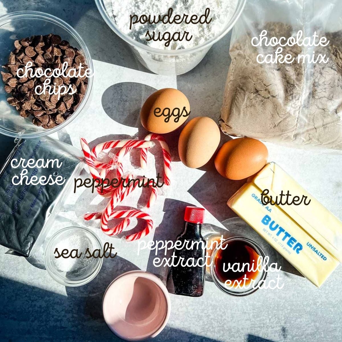 ingredients for making chocolate peppermint gooey butter cake bars.