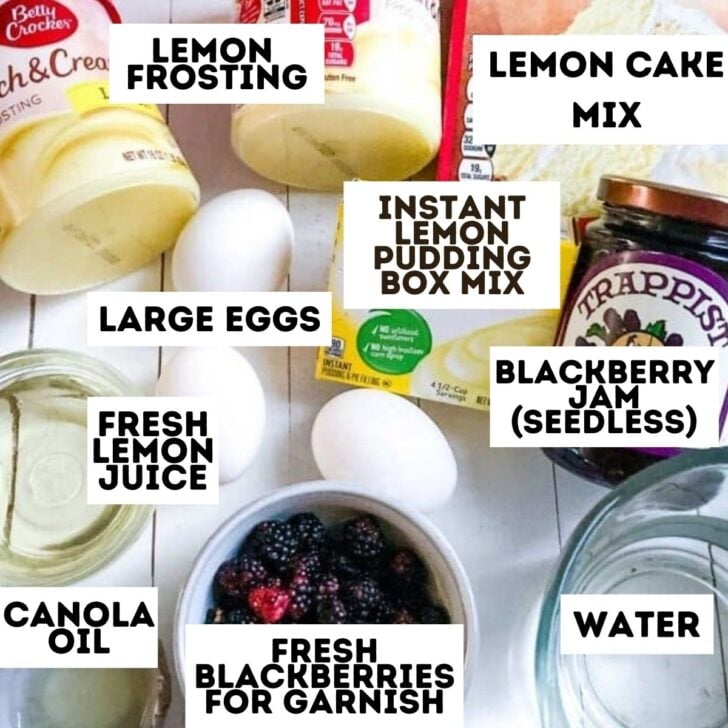 Baking ingredients including eggs, lemon frosting, lemon cake mix, pudding mix, jam, oil, lemon juice, berries, and water.
