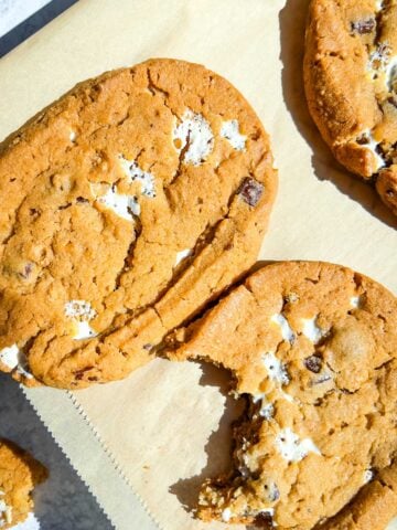 Three chocolate chip cookies, one with a bite taken out, rest on parchment paper in bright sunlight.