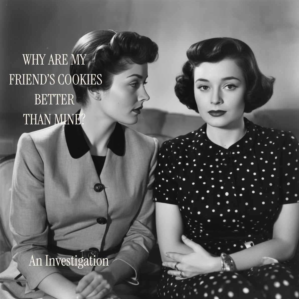 Two women in vintage clothing sit together; text asks, Why are my friends cookies better than mine? An Investigation.