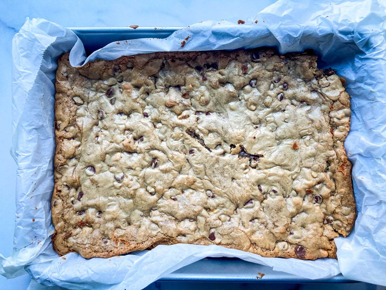Congo bars in a 9x13 cake pan.