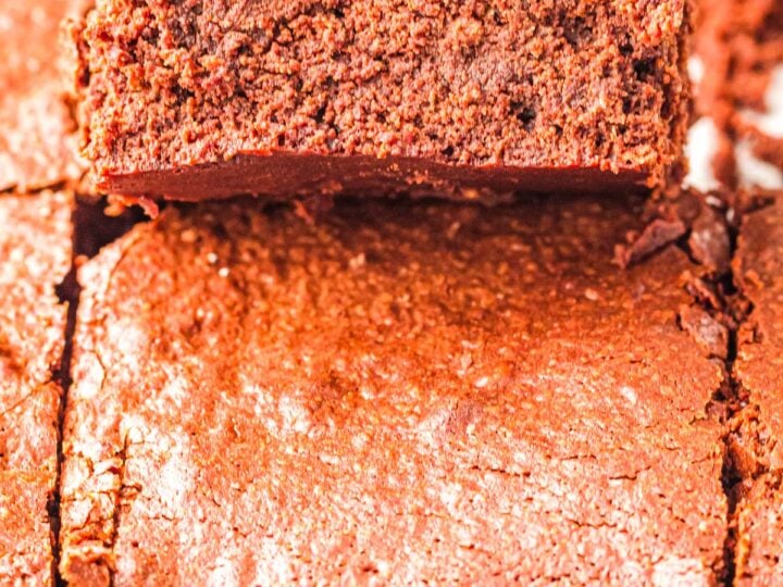 Close-up of sliced brownies with cocoa powder in a pan, with one brownie propped up to show its fudgy texture.
