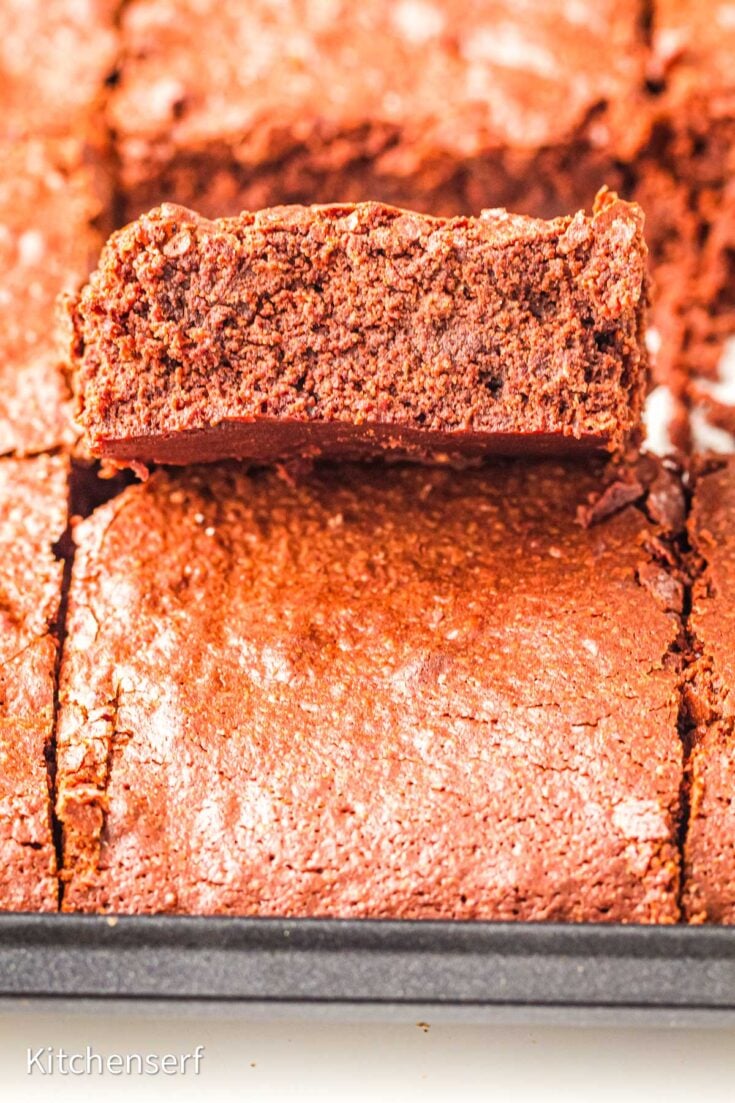 Close-up of sliced brownies with cocoa powder in a pan, with one brownie propped up to show its fudgy texture.