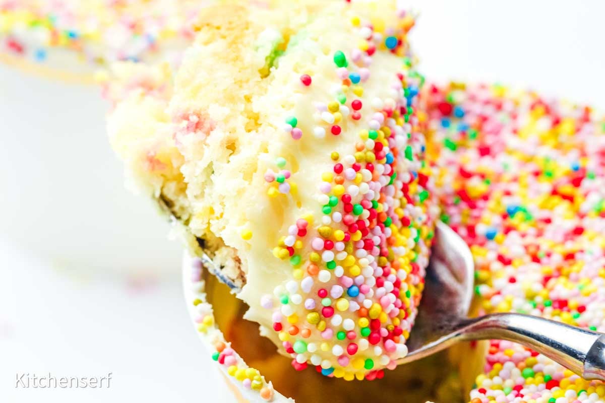 Spoon holding a piece of cake topped with colorful round sprinkles, inspired by the viral dot cake recipe, over a white background.