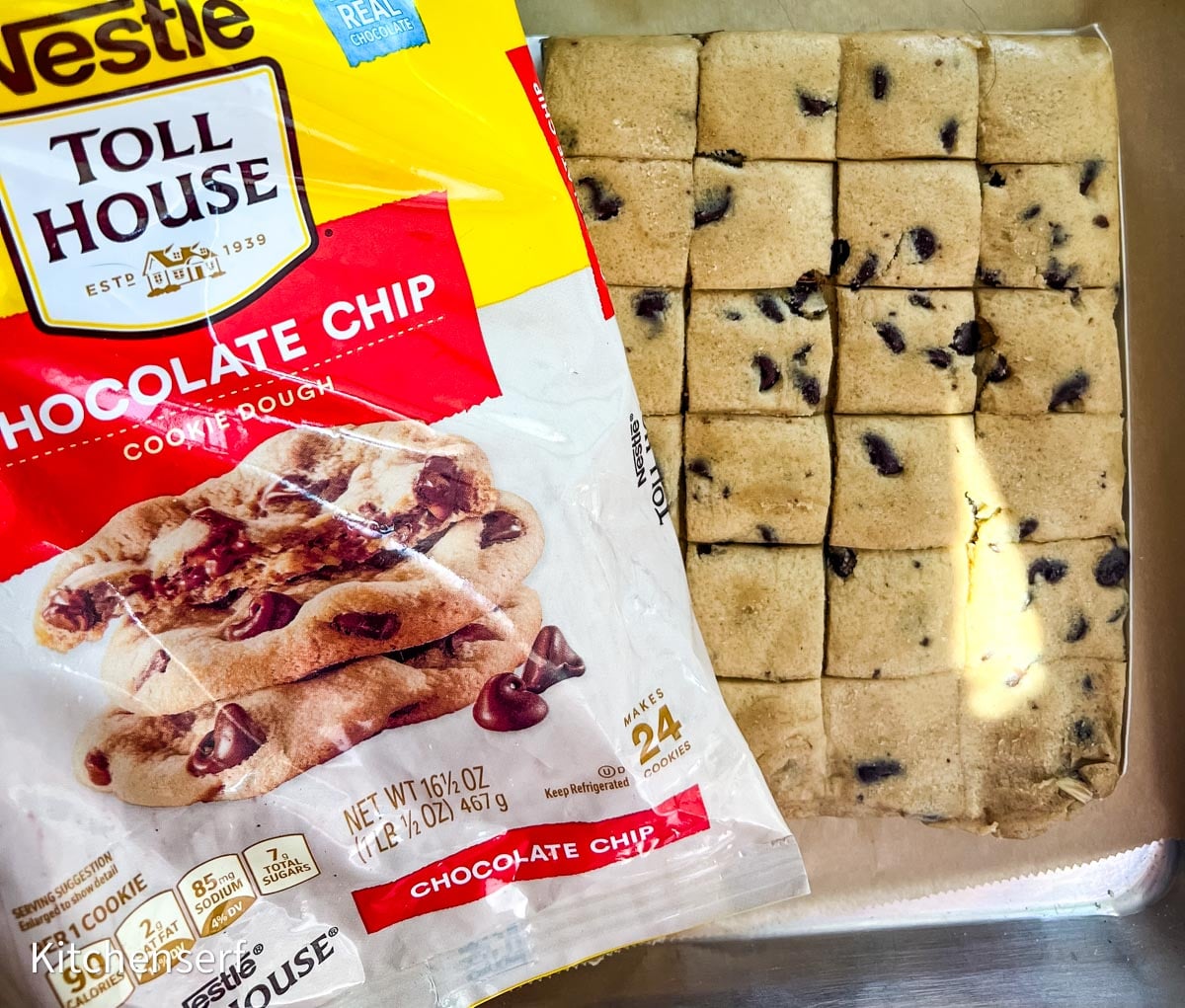 Nestlé Toll House chocolate chip cookie dough squares next to the opened packaging in a baking pan—perfect if you're wondering what to use instead of a cookie scoop for easy portioning.